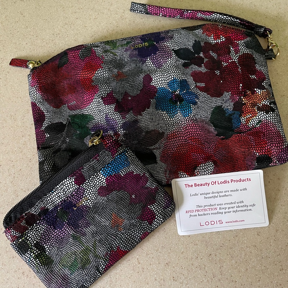 Lodis Coated Cotton Floral Wristlet w coin bag. RFID protection.